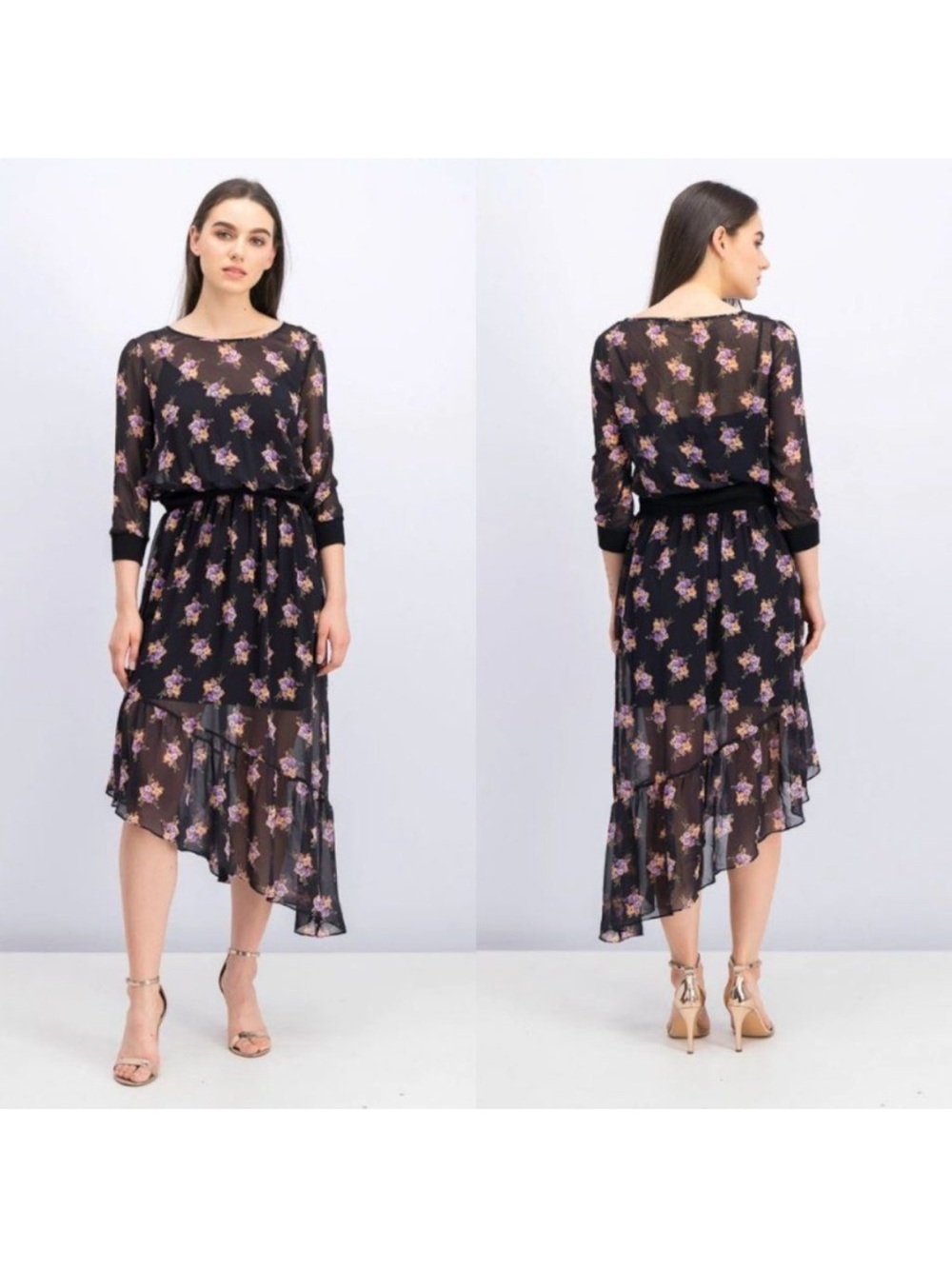Marciano Black Sheer Floral High-Low Dress